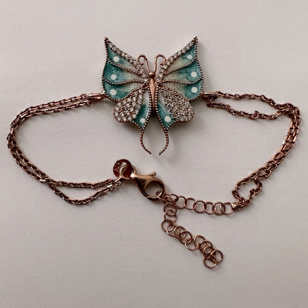 925 Silver butterfly bracelet clear cz stones 14k rose gold plated - Picture 3 of 3